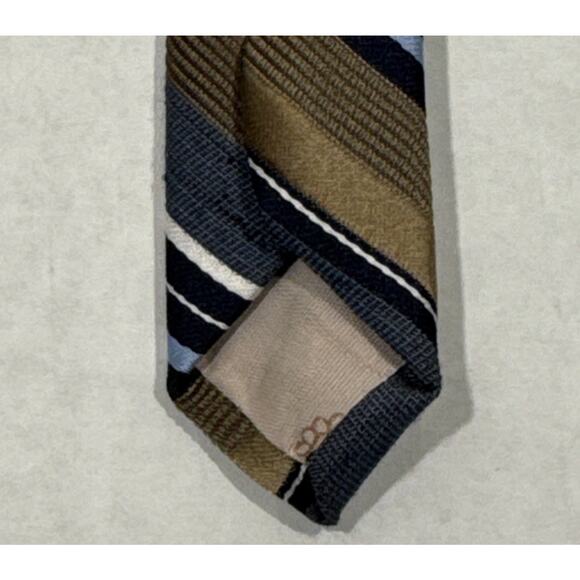 Vintage Via Re Mens Embroidered Crest Textured Regimental Striped Blue Brown Tie - Picture 7 of 7